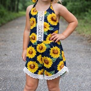 Sunflower Halter Romper Toddler 3T 4T Navy Floral Lace Boutique Style